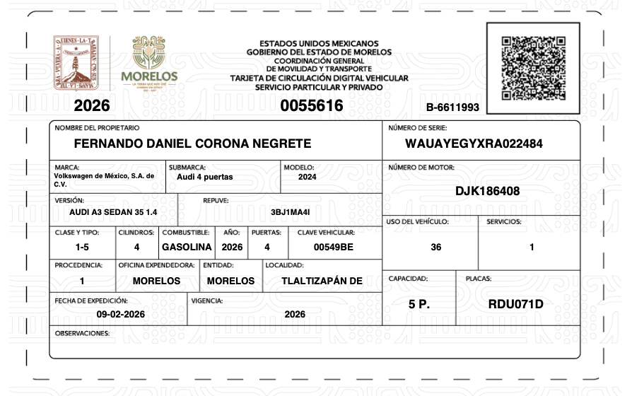 Tarjeta de Circulación Digital Morelos 2026