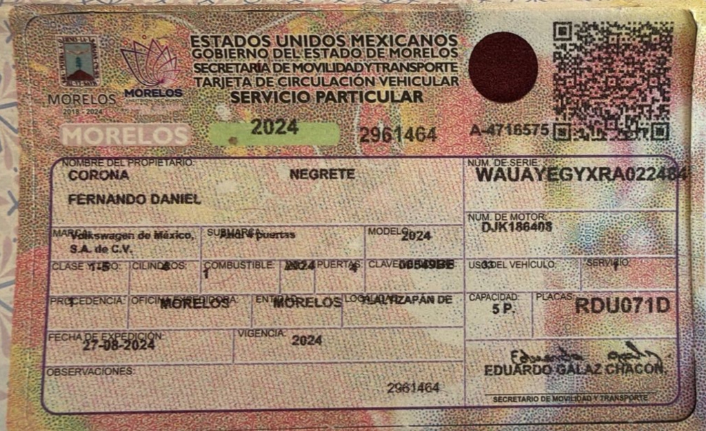 Tarjeta de Circulación Física Morelos